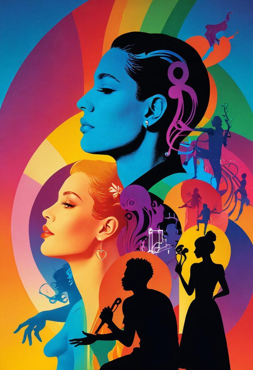 A vibrant collage showcasing the diverse expressions of queer identity in entertainment, featuring colorful silhouettes engaged in various forms of art, love, and passion. Incorporate elements like film reels, musical notes, and vivid abstract shapes to represent adult content, all set against a backdrop of a rainbow gradient. Emphasize inclusivity and positivity, while reflecting on the power of sexual health awareness. surrealistic. vibrant colors. dynamic layout.