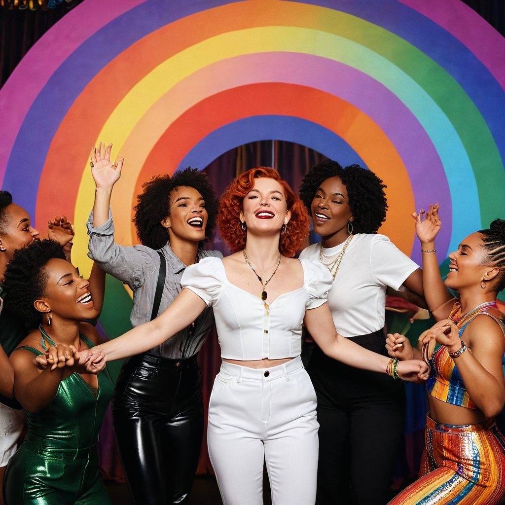 A vibrant scene of an LGBTQ+ film set, with a diverse cast of performers engaging in storytelling through film. The backdrop showcases a colorful film reel interwoven with rainbow-colored light beams, symbolizing inclusivity and queer culture. The atmosphere is celebratory, filled with dynamic energy and creativity, as individuals express themselves through art. The focus is on collaboration, connection, and empowerment within the queer community. colorful illustration. vibrant colors. dynamic composition.